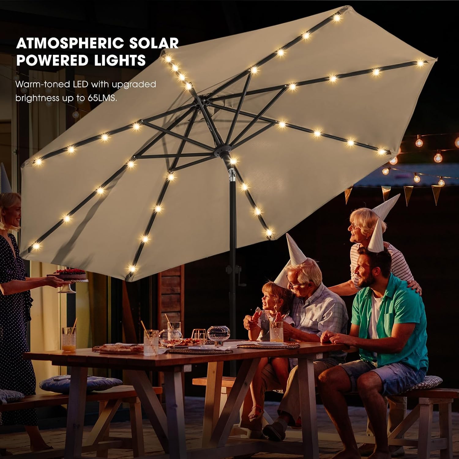 wikiwiki 11FT Solar Led Patio Umbrella with Base Included, 32 LED Lights, 8 Sturdy Ribs, Fade Resistant Waterproof POLYESTER DTY Canopy for Garden, Lawn, Deck, Backyard & Pool, Tan