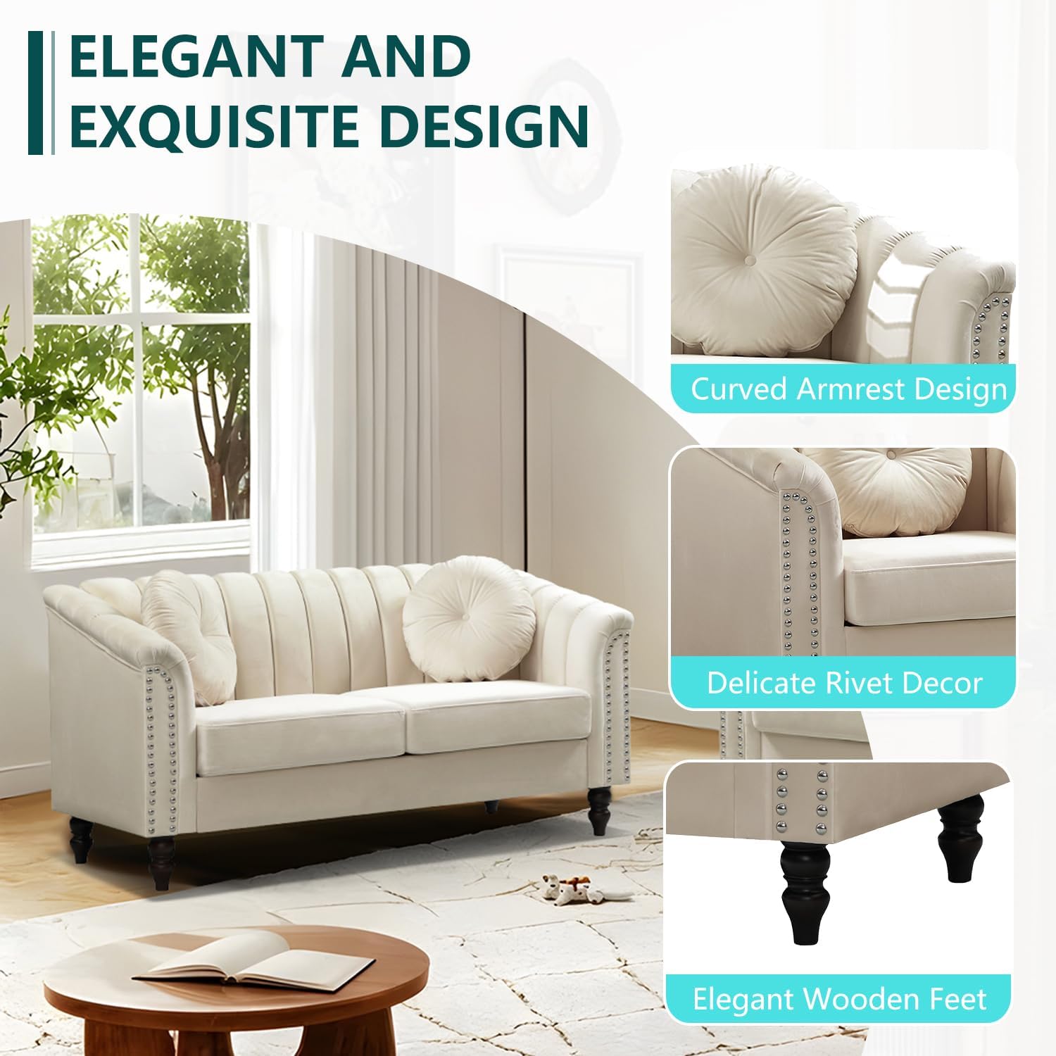 Chesterfield Sofa for Living Room Furniture Set, Classic Upholstered White Sofa Couch, 3 Seat Velvet Fabric Couch with Rivet Decor & Matched Pillows for Home/Office(Cream White, 3 Seater)