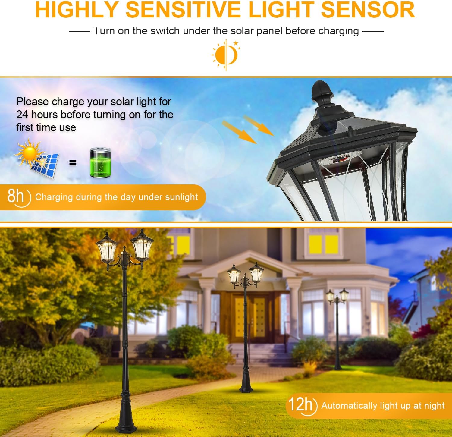 2-Head Outdoor Solar Lamp Post Lights with Waterproof, Dusk to Dawn Sensor Large Lantern Street Lights, Modern Solar Column Pole Light Fixtures for Outside, Garden, Driveway, Backyard, Black