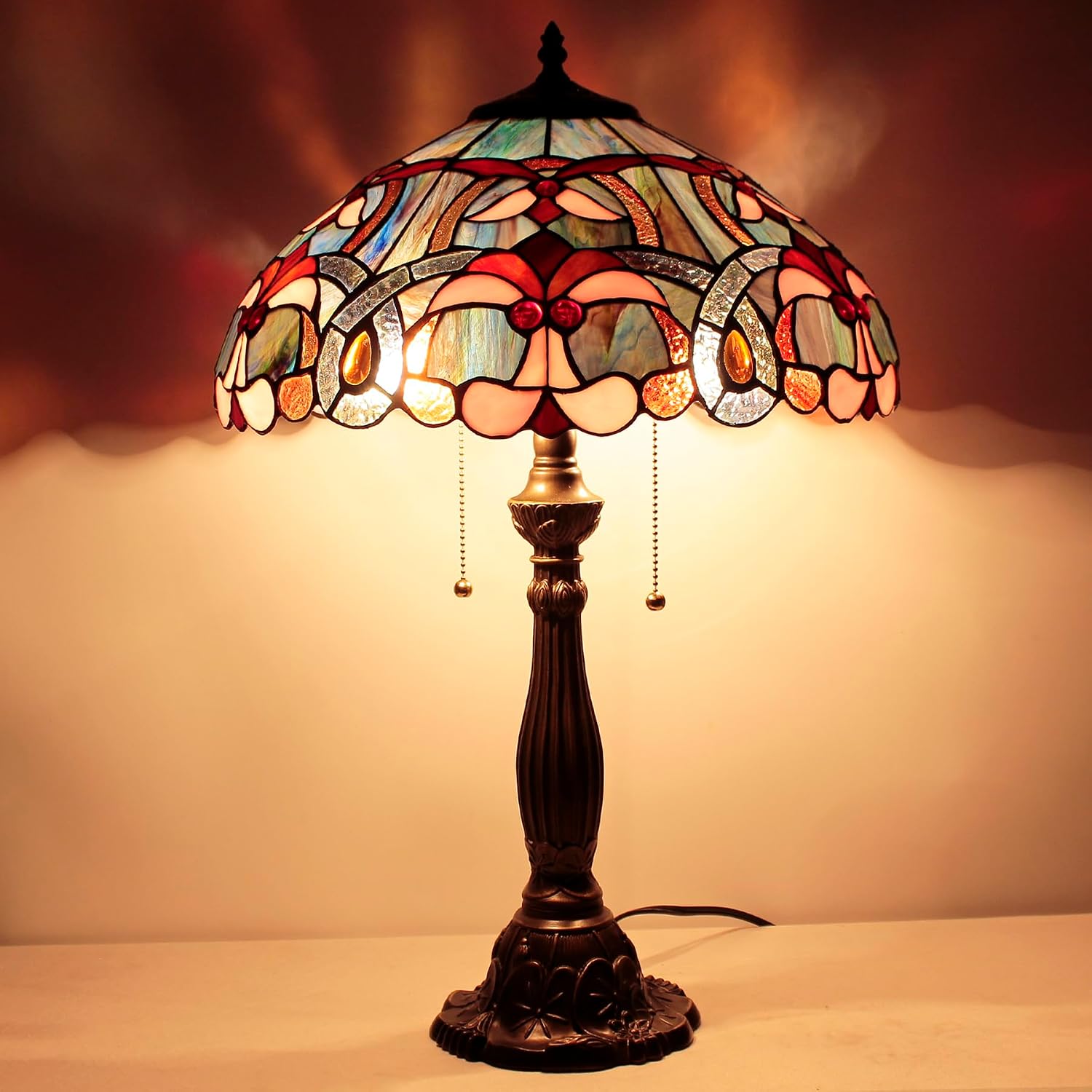 WERFACTORY Tiffany Lamp Blue Pink Stained Glass Bedside Table Lamp 16X16X24 Inch Desk Reading Lamp Resin Base Decoration Bedroom Living Room Home Office S830B Series