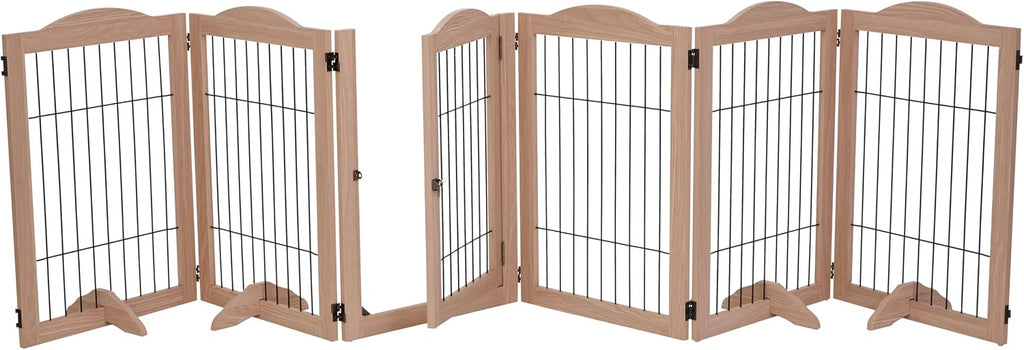 Arf Pets Freestanding Dog Gate with Door, 6 Panel 360° configurable Wooden Wire Fence, 132' Wide, 31.5' Tall, Foldable, Five Support Feet Included, for The House - Indoor Use