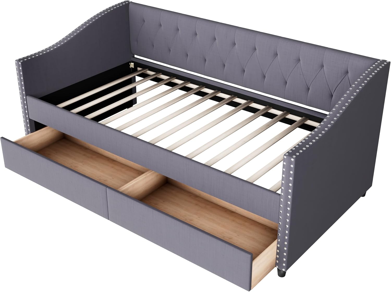 Christopher Knight Home Twin XL Daybed Frame with Two Drawers, Linen Fabric Upholstered Sofa Couch, 85'' Living Room Sleeper Sofa, Cozy Daybed for Bedroom, Diamond-Tufted Design, Rivet Armrests, Gray