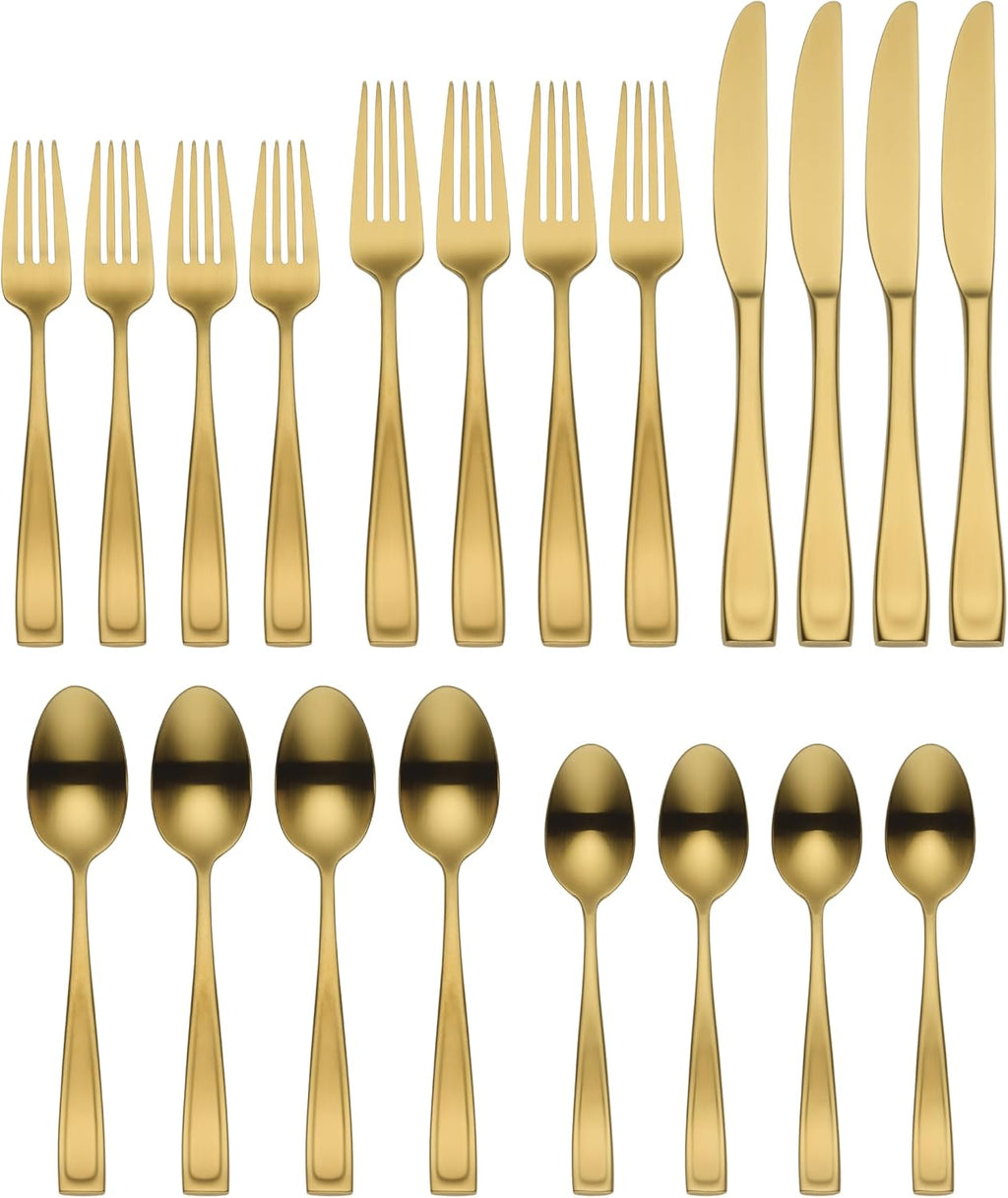 Oneida Silverware Set, Moda Gold Satin 20 Piece Flatware Set, Service For 4, 18/10 Stainless Steel, Dishwasher Safe, Flatware Cutlery Sets, Utensils, Knives Spoons and Forks, Home (Gold, 20 Pieces)