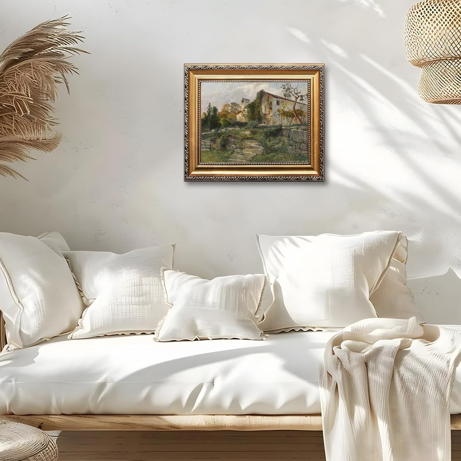 Large Framed Vintage European Countryside Village Wall Art Canvas Print Rustic Farmhouse Landscape Painting with Cottages Trees Pastoral Artwork Picture Decor for Living Room Bedroom Office 24X36inch