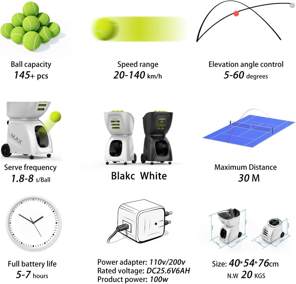 PT-MAX C Professional Smart Tennis Ball Machine | APP Controlled 28-Point Programming | 5-7Hr Ultra Battery | 20-140km/h Variable Speed | 150 Ball Capacity | Portable Training Solution