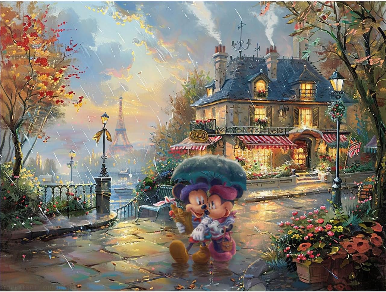 Hand painted original art: Mickey & Minnie in Raining Paris canvas oil painting for kids, Effel Tower wall decor, cityscape artworks, Thomas cartoons in Kinkade style, romantic gift by college teachers