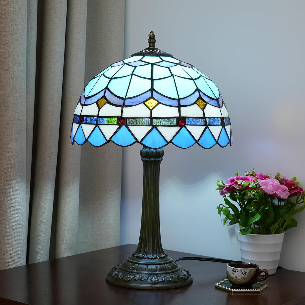 Tiffany Table Lamp Stained Glass Lamp Mediterranean Blue Bedroom Table lamp Reading Desk Light for Bedside Living Room Office Dormitory Dining Room Decorate Housewarming Gift 12X12X18 inches