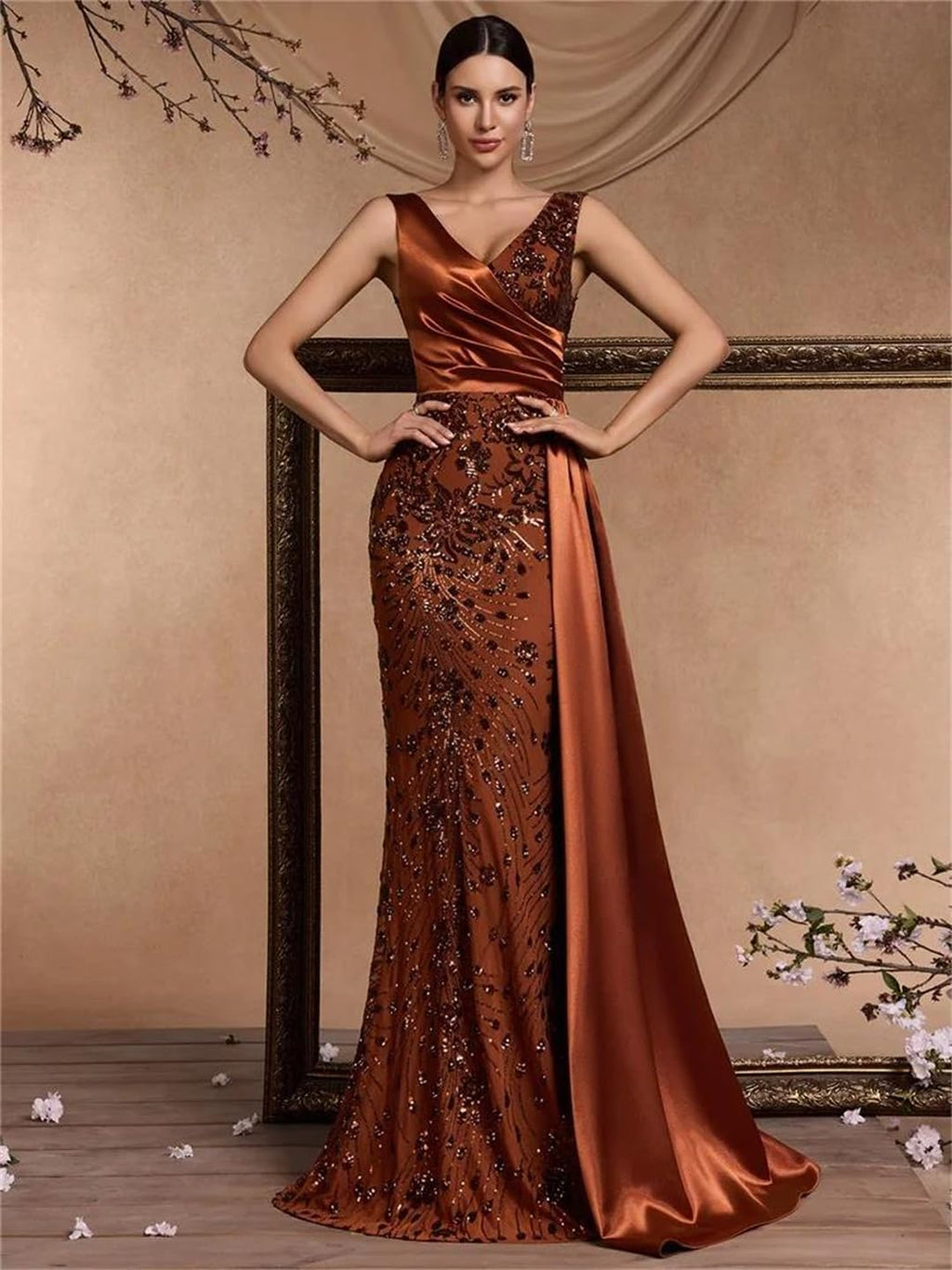 Women Elegant V-Neck Splice Sequins Sleeveless Formal Party Streamer Prom Cocktail Dress