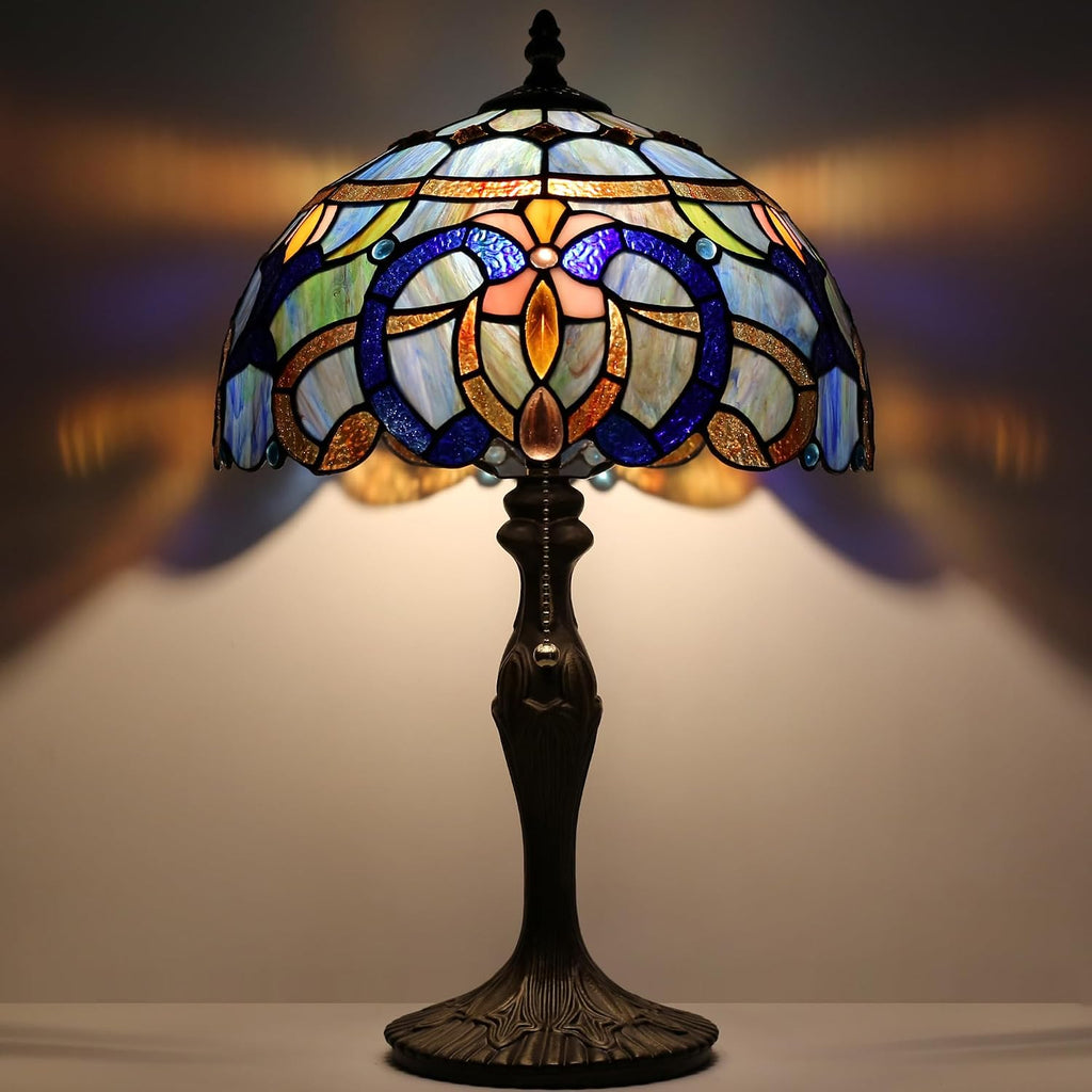 Tiffany Lamp Stained Glass Table Lamp 12' x 19' Blue Baroque Style Decorative Lamp Bedside Reading Lamp for Desk Living Room Bedroom Office Study Light Home Decor Gift