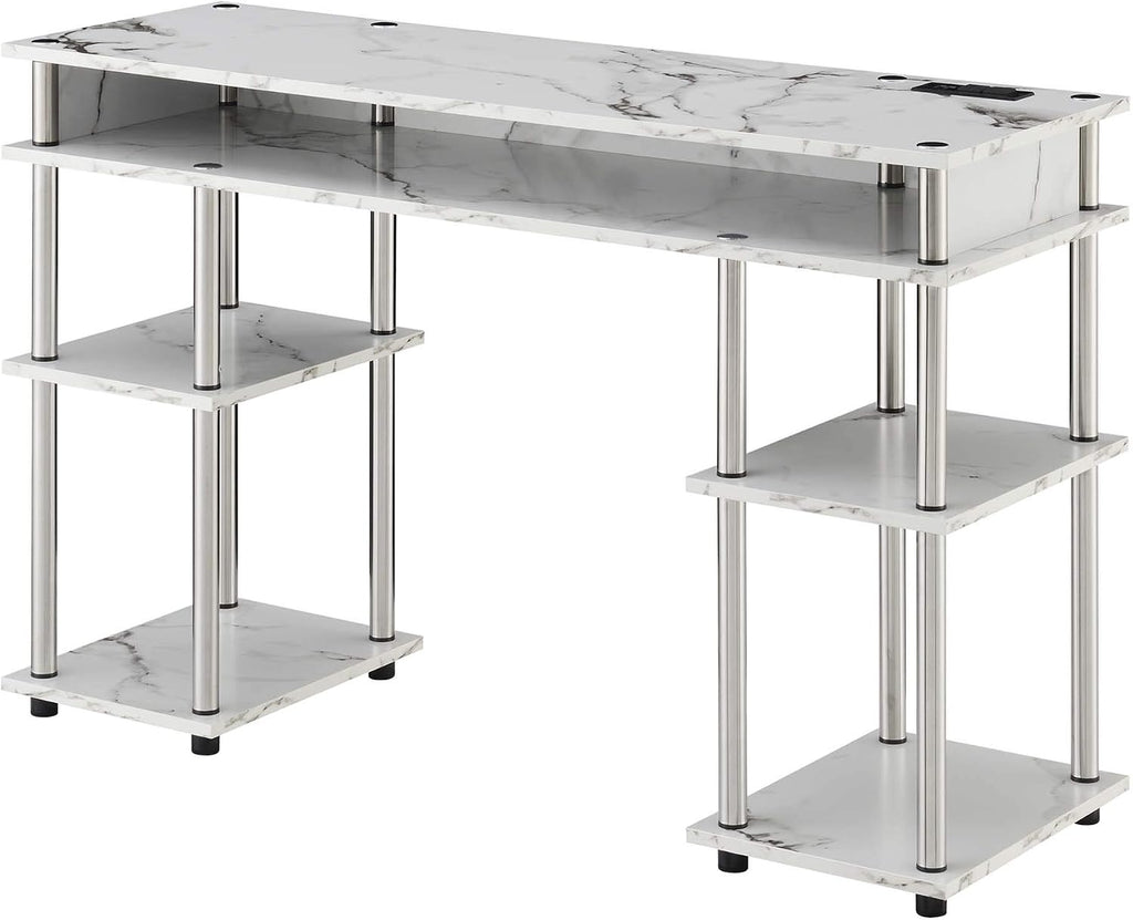 Convenience Concepts Designs2Go No Tools Student Desk with Charging Station and Shelves, White Marble