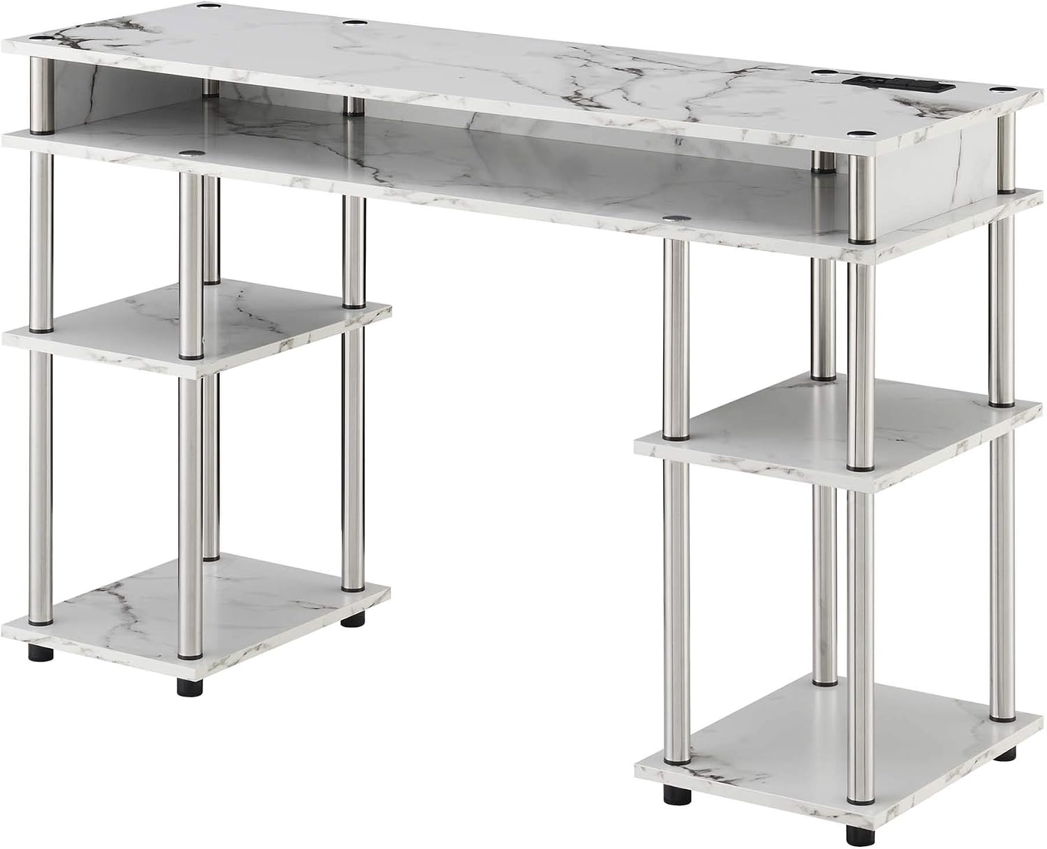 Convenience Concepts Designs2Go No Tools Student Desk with Charging Station and Shelves, White Marble