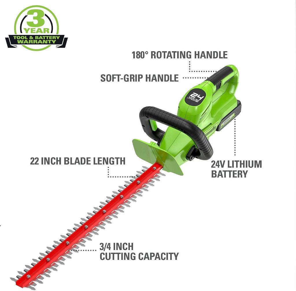 Greenworks 24V 22' Cordless Rotating Handle Hedge Trimmer, 1.5Ah USB Battery and Charger Included