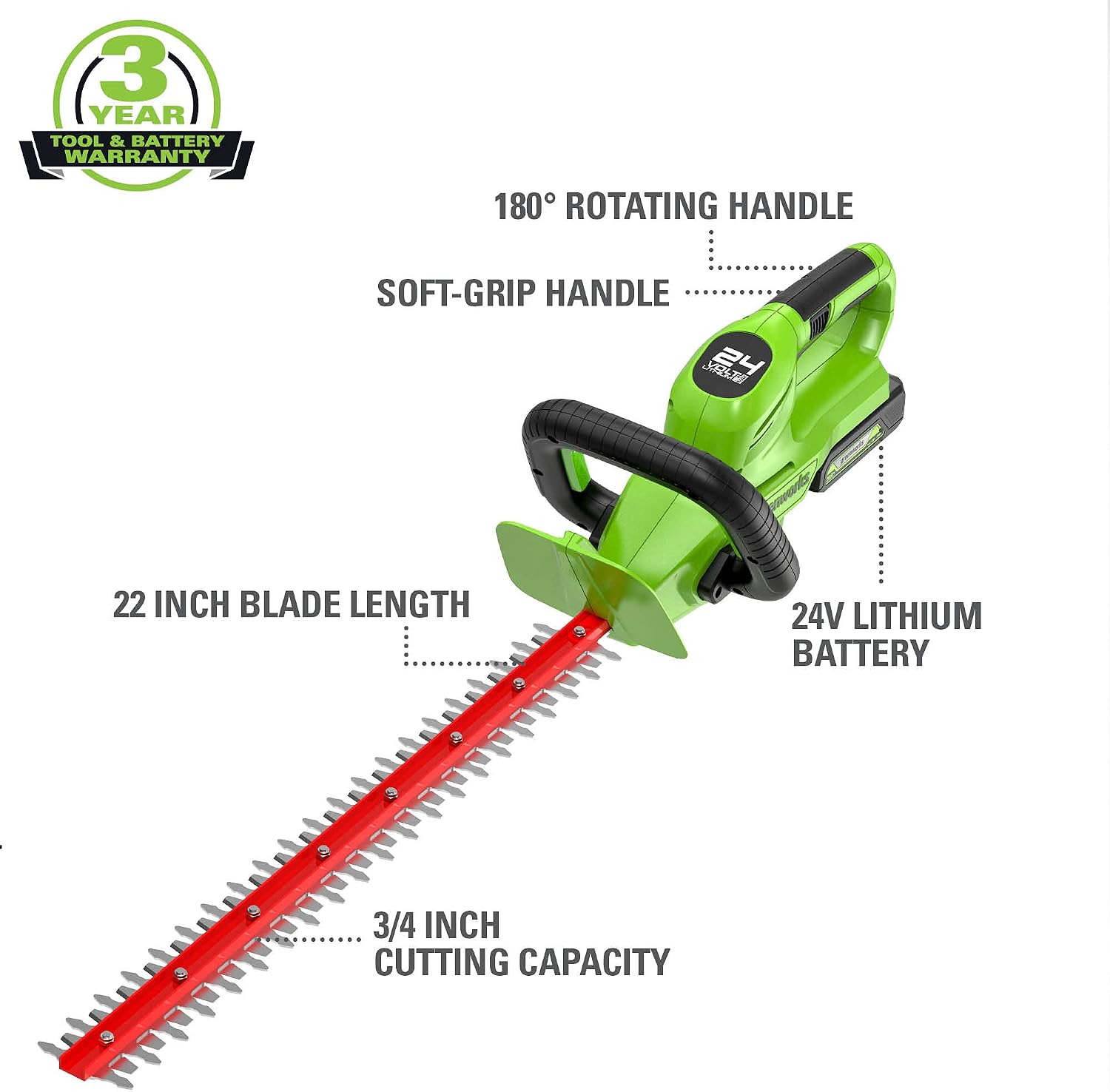 Greenworks 24V 22' Cordless Rotating Handle Hedge Trimmer, 1.5Ah USB Battery and Charger Included