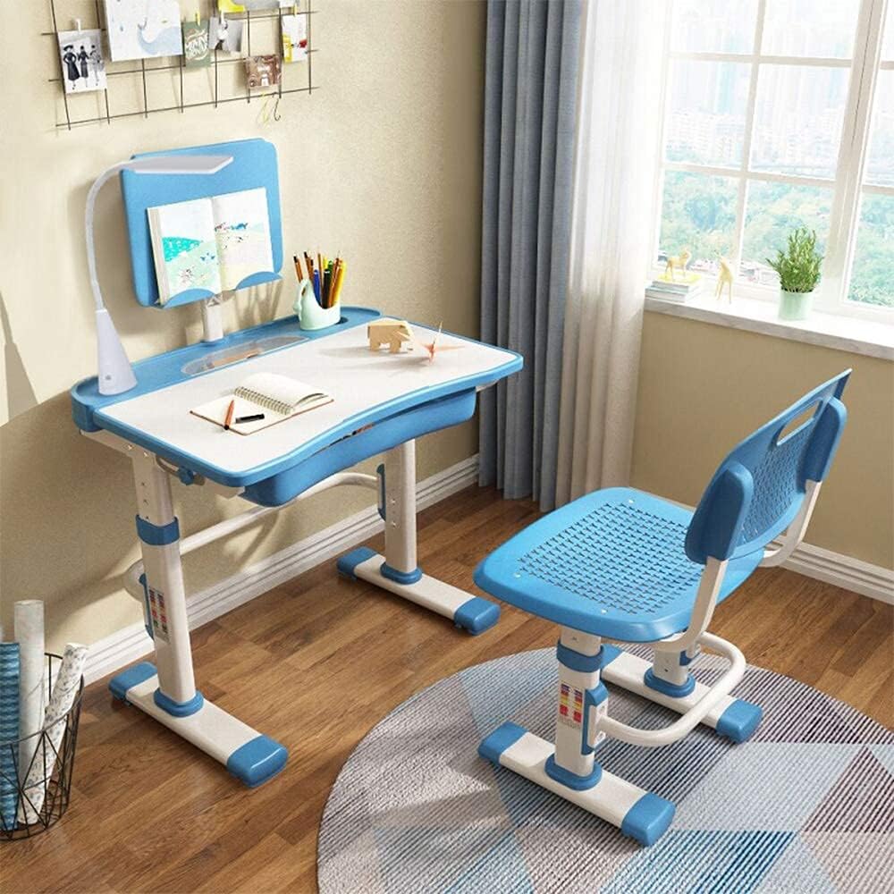 Cantonape Kids Desk and Chair Set, Height Adjustable Children School Study Desk with Tilt Desktop, Bookstand, LED Lamp, Metal Hook and Storage Drawer for Boys Girls, Blue