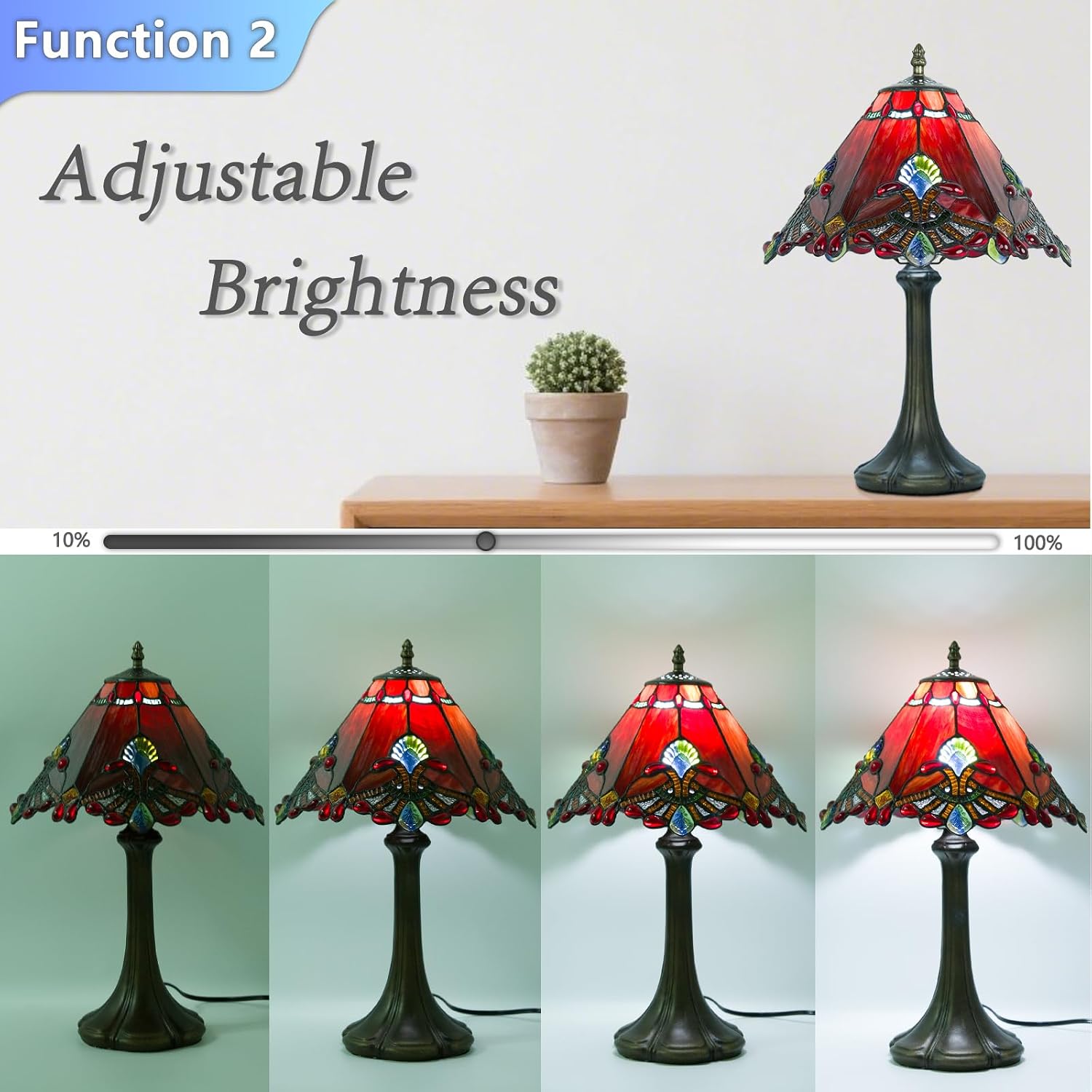 JHuiLap 12 Inch Tiffany Style Table Lamp, Baroque Stained Glass Lamp with Remote Control, Stepless Dimmable & 3 Color Temperatures, Desk Lamps for Bedroom Farmhouse Bedside Nightstand Bedside (Red)
