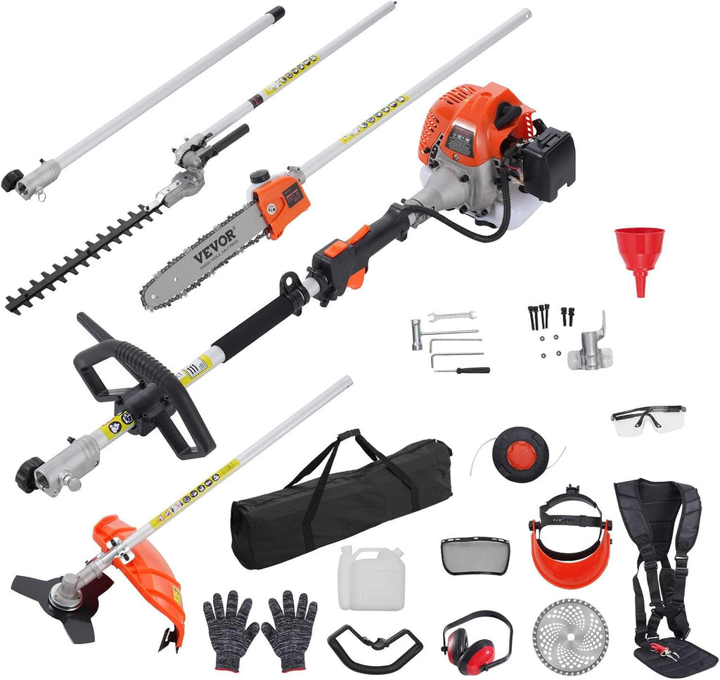 VEVOR 33CC 5-in-1 Multi-Functional Trimming Tools, Gas Hedge Trimmer, Weed Eater, String Trimmer, Brush Cutter, Edger, Pole Saw Chainsaw Pruner with Extension Pole