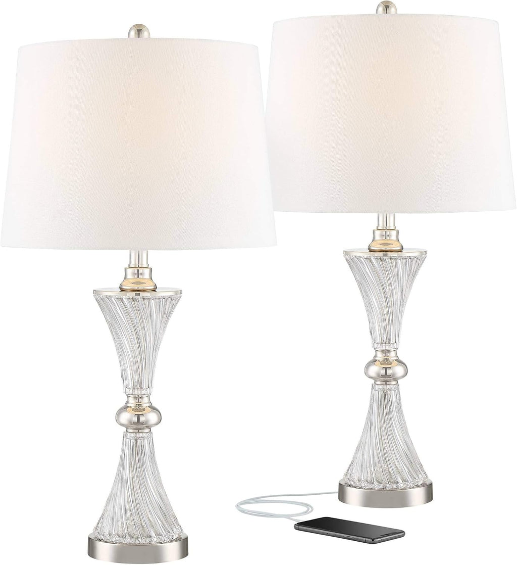 Regency Hill Luca Modern Table Lamps 25.5' High Set of 2 with USB Charging Port Glass Chrome Silver Metal White Fabric Drum Shade for Living Room Bedroom House Bedside Nightstand Home