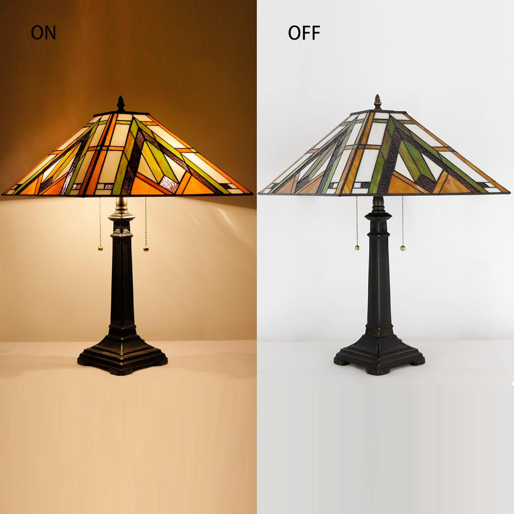 Tiffany Table Lamp Bronze Mission Style Stained Glass 16X16X23 Inches Desk Reading Light for Bedrooms Living Room Study Home Office