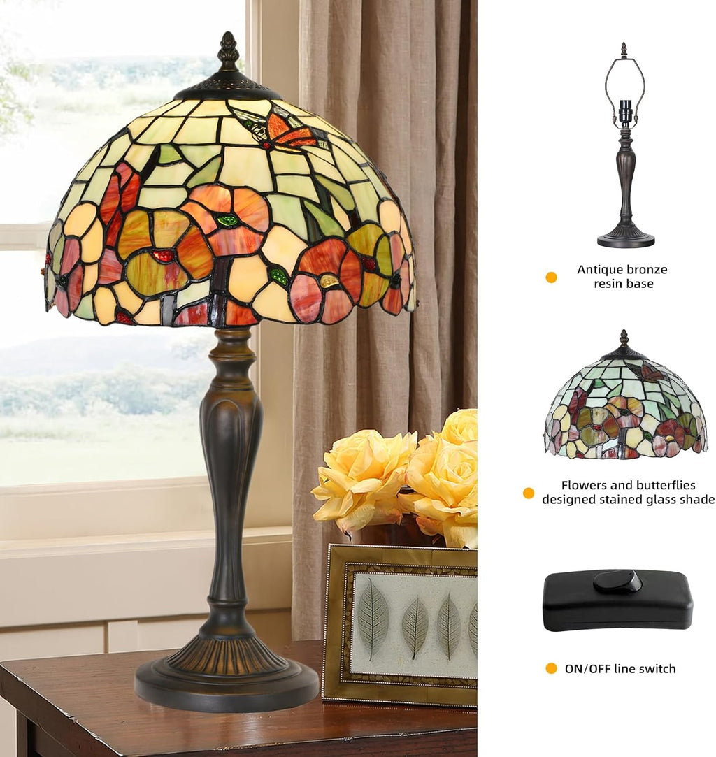 TL0002 Tiffany Style Table Lamp 21.5' High Blossoming Antique Stained Glass Lamp for Living Room Bedroom Bedside Nightstand Home Office, LED Bulb Included