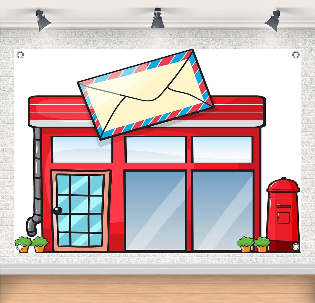 20x10ft Fabric Cartoon Post Office Backdrops Banner Children's Party Photography Background Mailbox Letter Backdrop for Birthday Party Banner Decorations Photo Studio Props