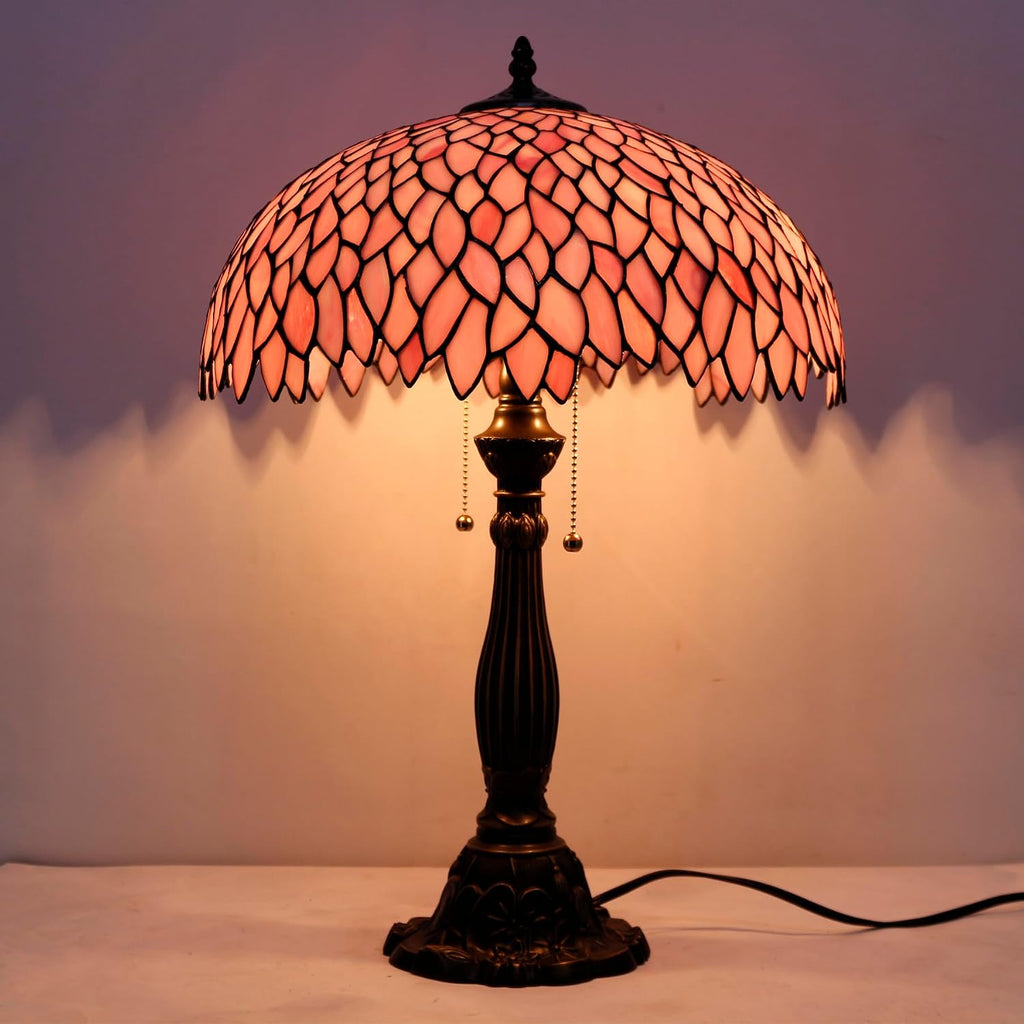 WERFACTORY Tiffany Lamp Stained Glass Style Bedside Table Lamp Pink Wisteria Desk Reading Light Resin Base 16X16X24 Inches Decor Bedroom Living Room Home Office S523P Series