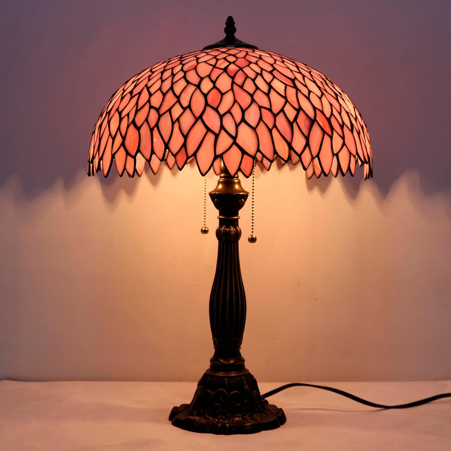 WERFACTORY Tiffany Lamp Stained Glass Style Bedside Table Lamp Pink Wisteria Desk Reading Light Resin Base 16X16X24 Inches Decor Bedroom Living Room Home Office S523P Series