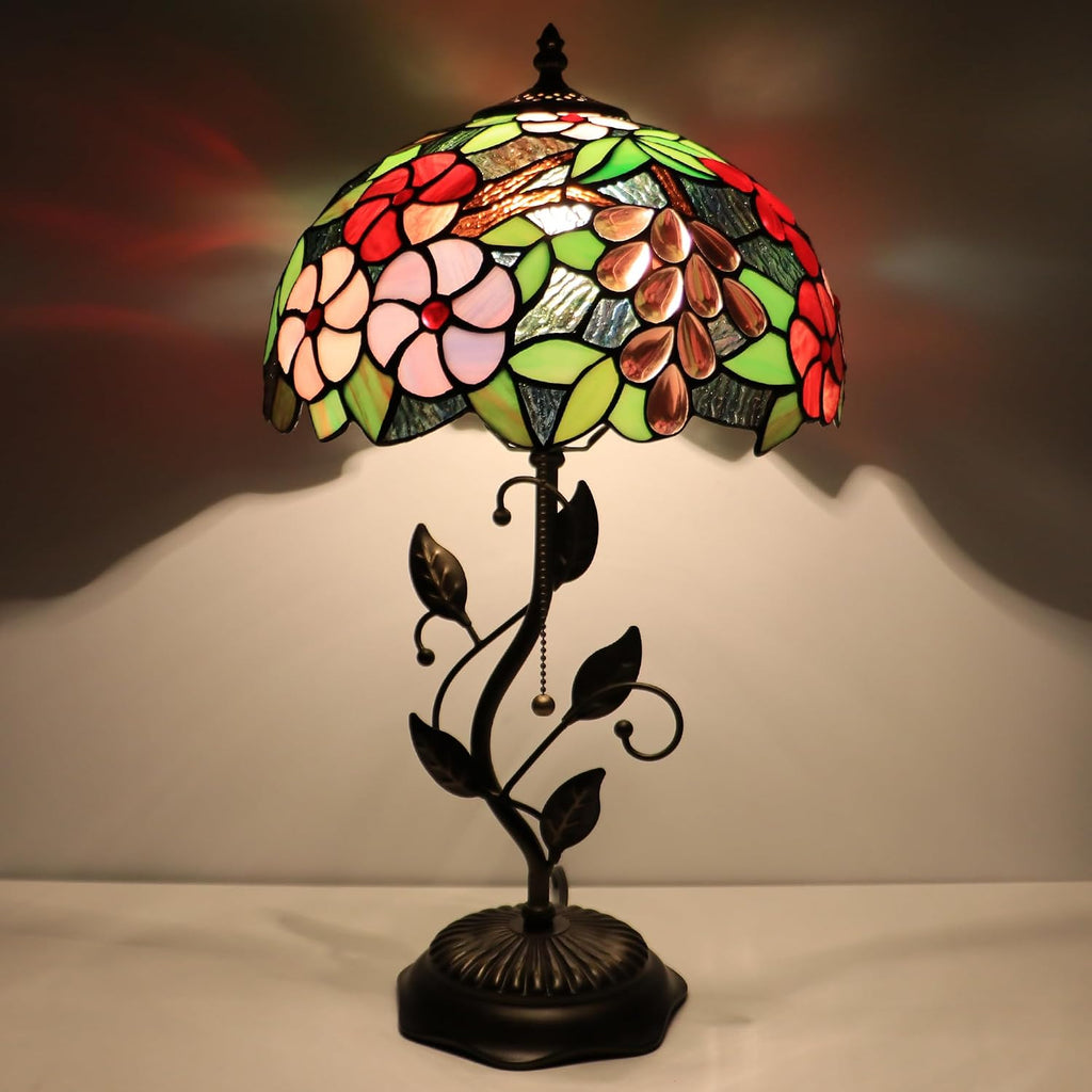 Tiffany Lamp Grape Style Stained Glass Table Lamp Desk Bedside Reading Light 12X12X19 Inches with Metal Leaf Base