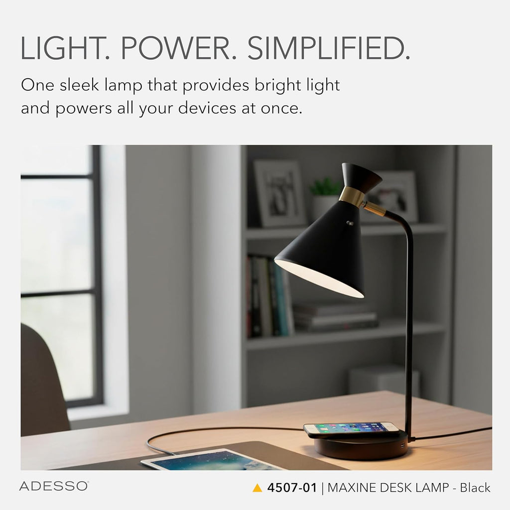 Adesso Desk Lamp – Qi Wireless Charging for Smartphones & USB Port, Adjustable Shade Black and Brass Lamp for Home Office, Dorm, Bedroom, 19' Tall
