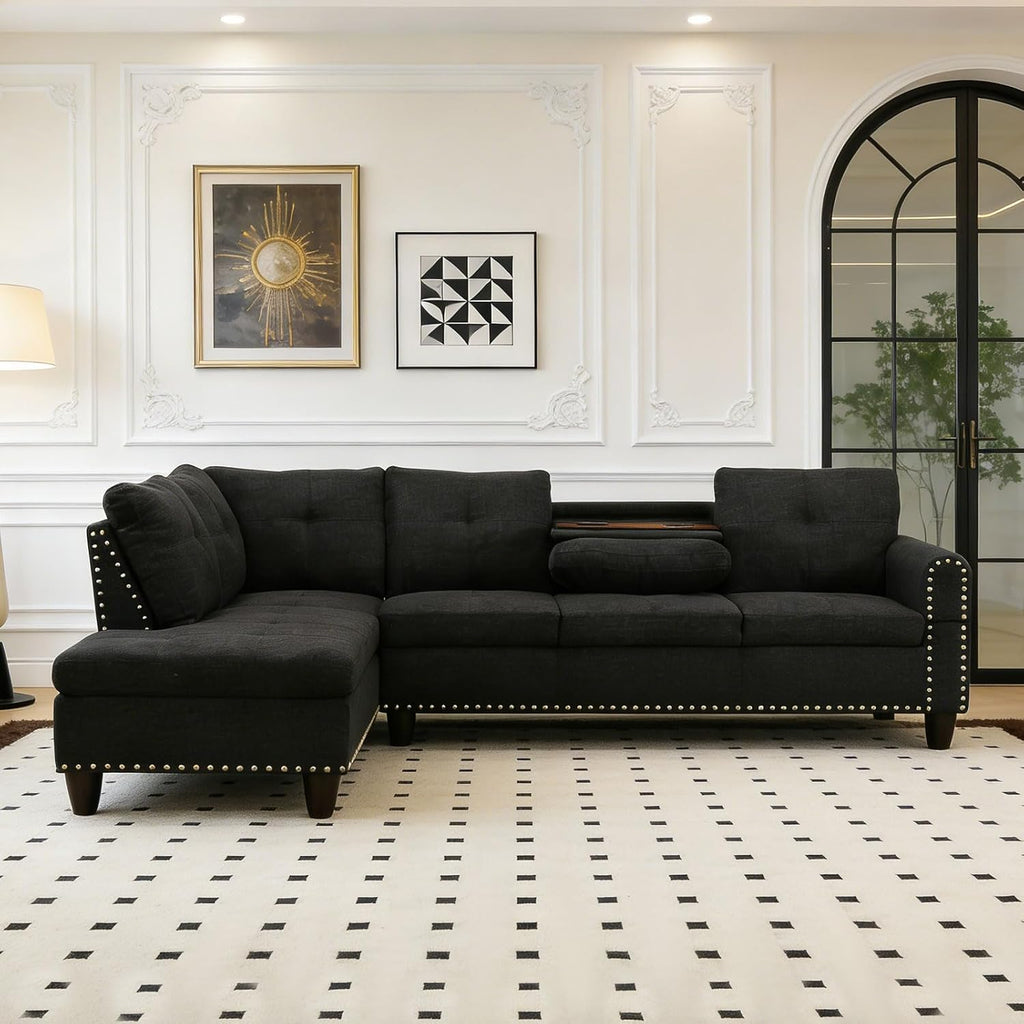 Dark Gray Sectional Sofa Couch with Storage Ottoman and Cup Holder Tray, Linen Fabric L-Shaped Couch with Silver Rivets, Reversible Chaise Lounge Set with Flip-Top Storage (S+C)