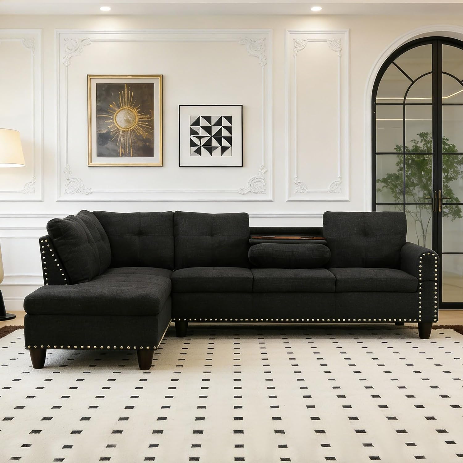 Dark Gray Sectional Sofa Couch with Storage Ottoman and Cup Holder Tray, Linen Fabric L-Shaped Couch with Silver Rivets, Reversible Chaise Lounge Set with Flip-Top Storage (S+C)