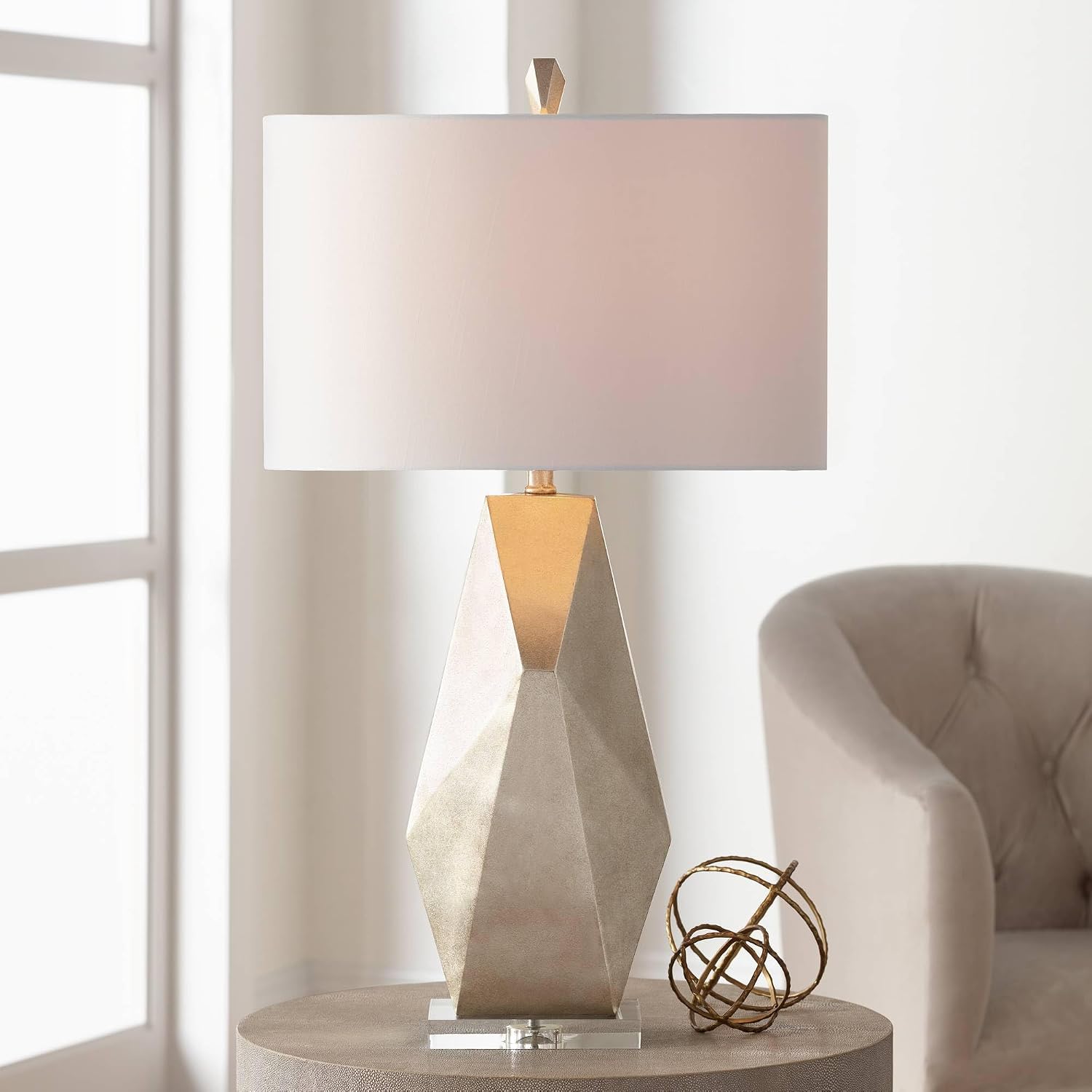 Possini Euro Design 32 1/2' Tall Geometric Large Mid Century Modern Glam End Table Lamps Set of 2 Champagne Gold Living Room Bedroom Bedside Nightstand House Office Home Reading Off-White Shade