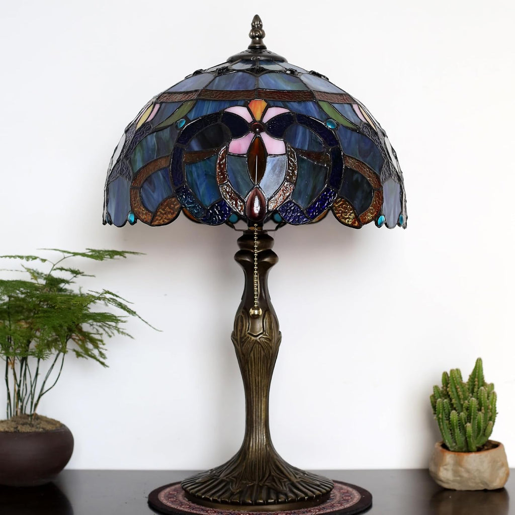 Tiffany Lamp Stained Glass Table Lamp 12' x 19' Blue Baroque Style Decorative Lamp Bedside Reading Lamp for Desk Living Room Bedroom Office Study Light Home Decor Gift