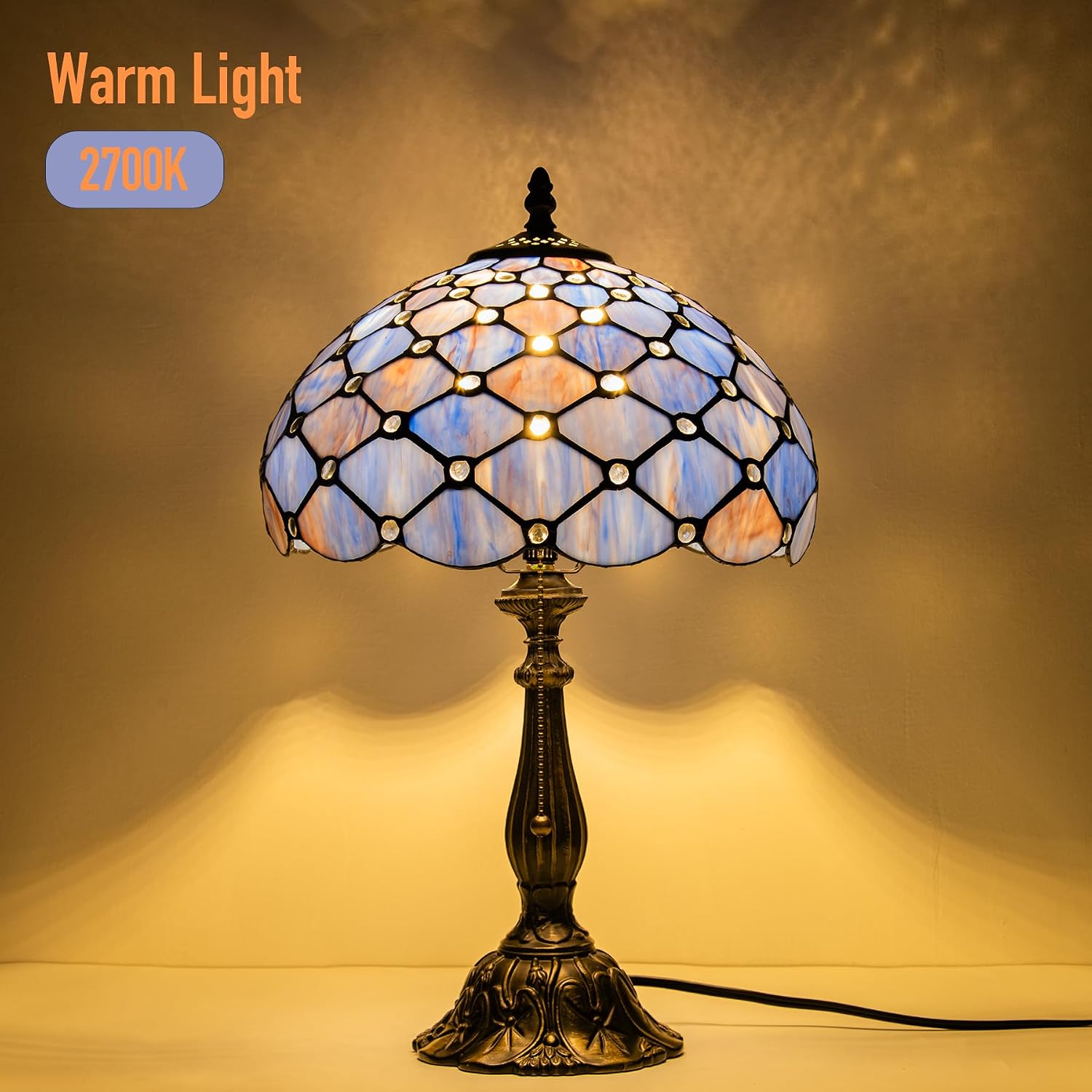 Tiffany Lamp Vintage Deep Blue Stained Glass Bead Table Lamp Desk Bedside Reading Light Decor Bedroom Living Room Home Office D12*H18 Inches