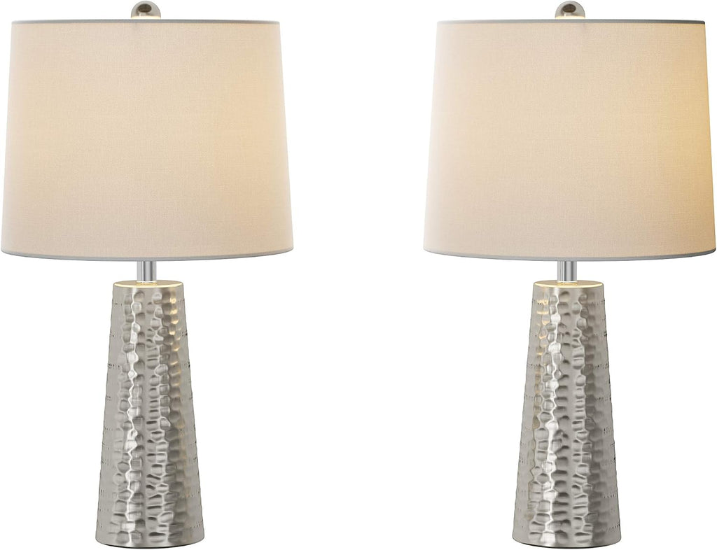 Table Lamps - Set of 2 Hammered Metal Lights with Flared Bases and Drum Shades for End Tables and Nightstands by Lavish Home (Brushed Silver)