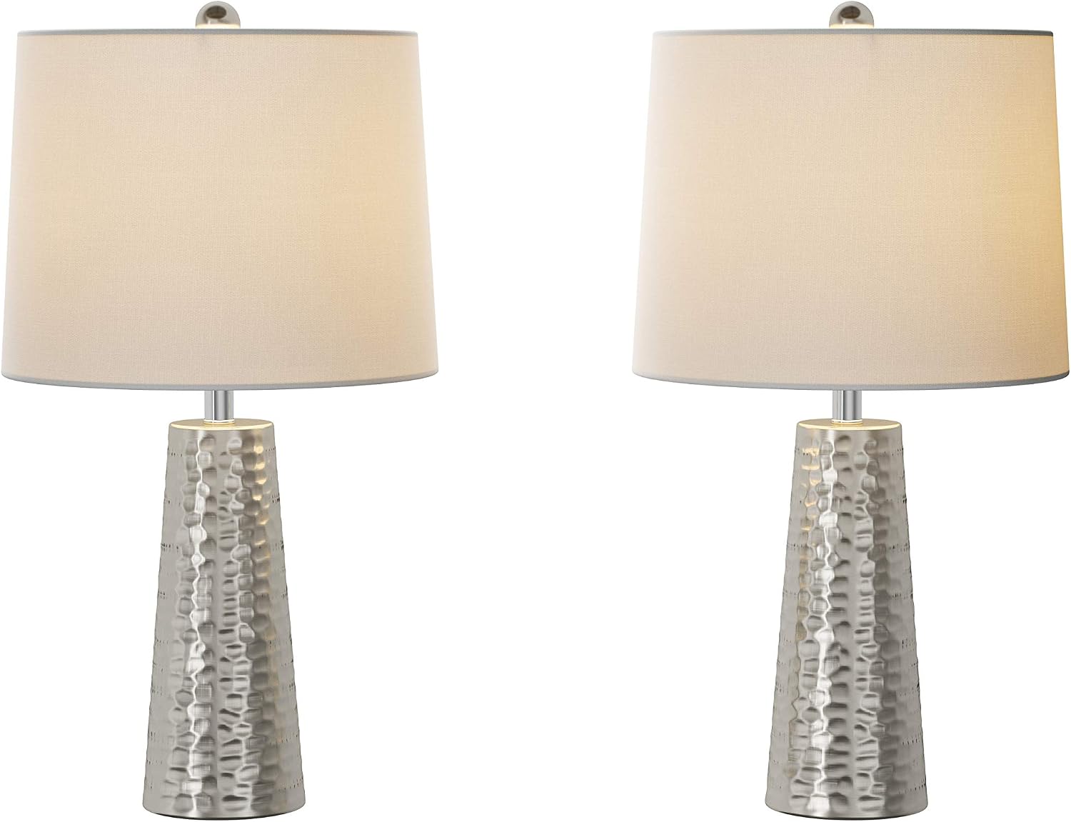 Table Lamps - Set of 2 Hammered Metal Lights with Flared Bases and Drum Shades for End Tables and Nightstands by Lavish Home (Brushed Silver)