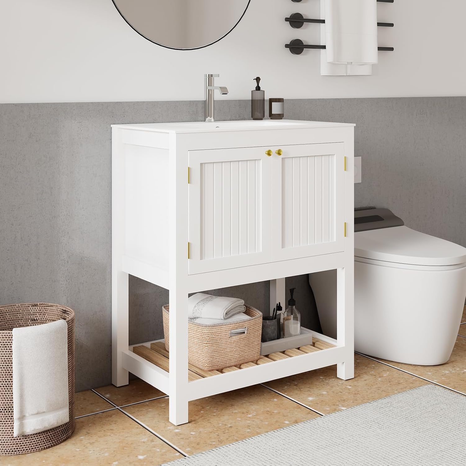 30 Inch Bathroom Vanity with Sink, Modern Bathroom Sink Cabinet with Open Shelf, Ceramic Basin, Freestanding Bathroom Vanities, White