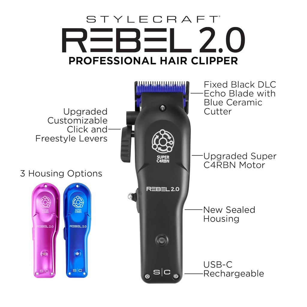 Stylecraft Rebel 2.0 Hair Clipper, Super C4RBN Motor with DLC and Ceramic Blades, USB-C Rechargeable, Cord/Cordless Haircutting