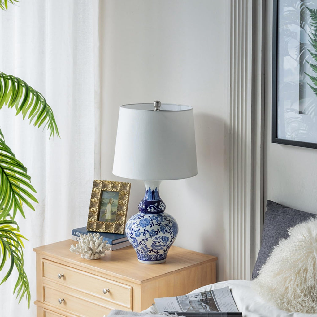 Montary 27.6' Chinoiserie Table Lamp, Classic Blue and White Round Ceramic Vase Lamp, Traditional Bedside Desk Nightstand Lamp for Bedroom Living Room Office College Bookcase Console