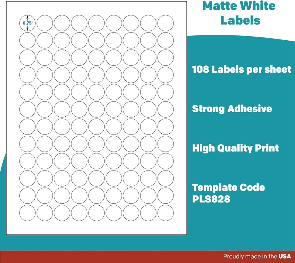 Premium Label Supply White Sticker Round Labels – 0.75' Circle – Laser/Inkjet Compatiblee – (108 per Sheet), 1000 Sheets – 108,000 Total Adhesive Labels