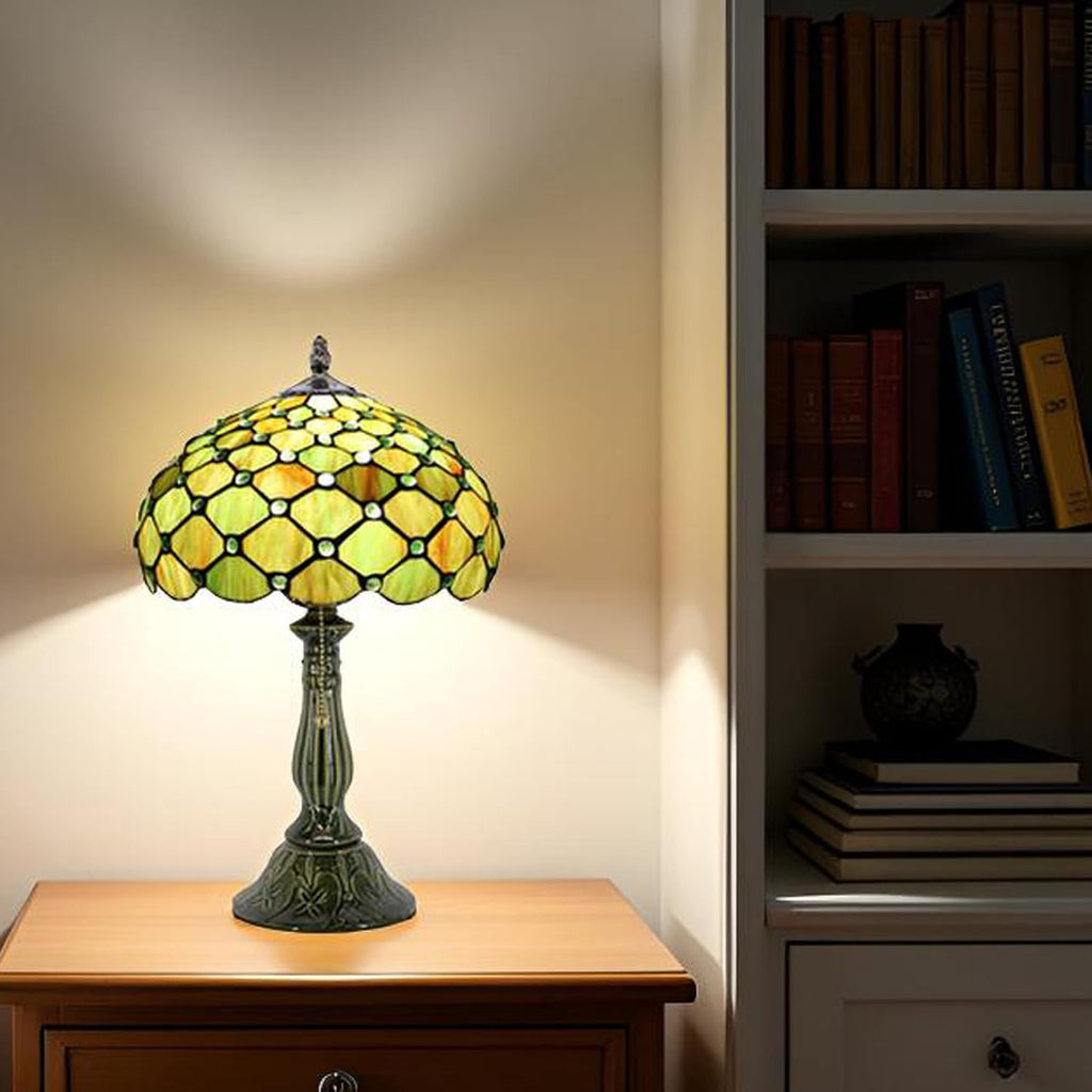 Tiffany Lamp Stained Glass Table Lamps Brownish Green Pearl Style Desk Lamp 12X12X18.5 Inch Bronze Ceramic Base Reading Light Suitable for Bedside Bedroom Living Room Dining Room Office