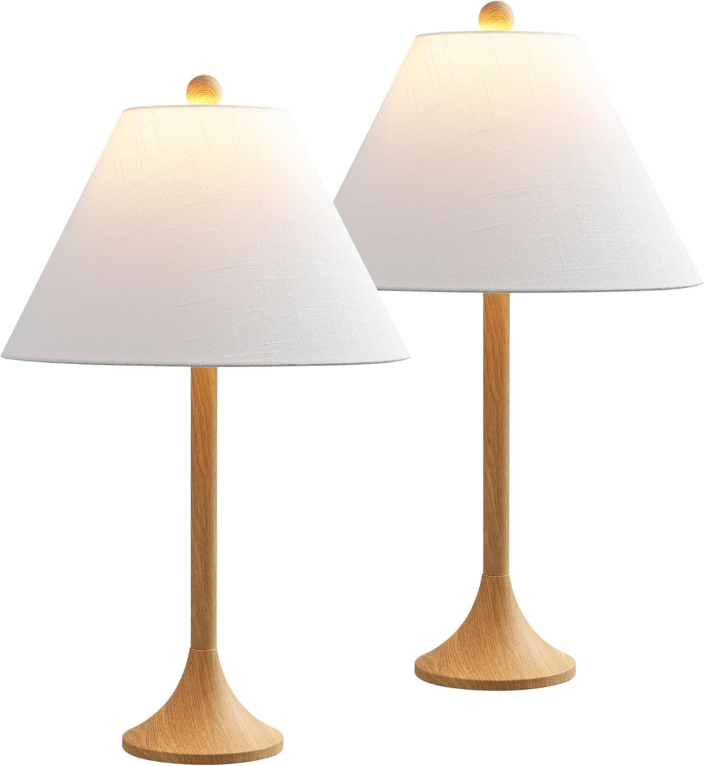 JONATHAN Y 25' Brown Wood Finish Modern Coastal Iron Table Lamp Set of 2, Faux Wood Grain Column Bedside Lamps for Living Room, White Linen Shade, LED Bulbs Included JYL5507A-SET2