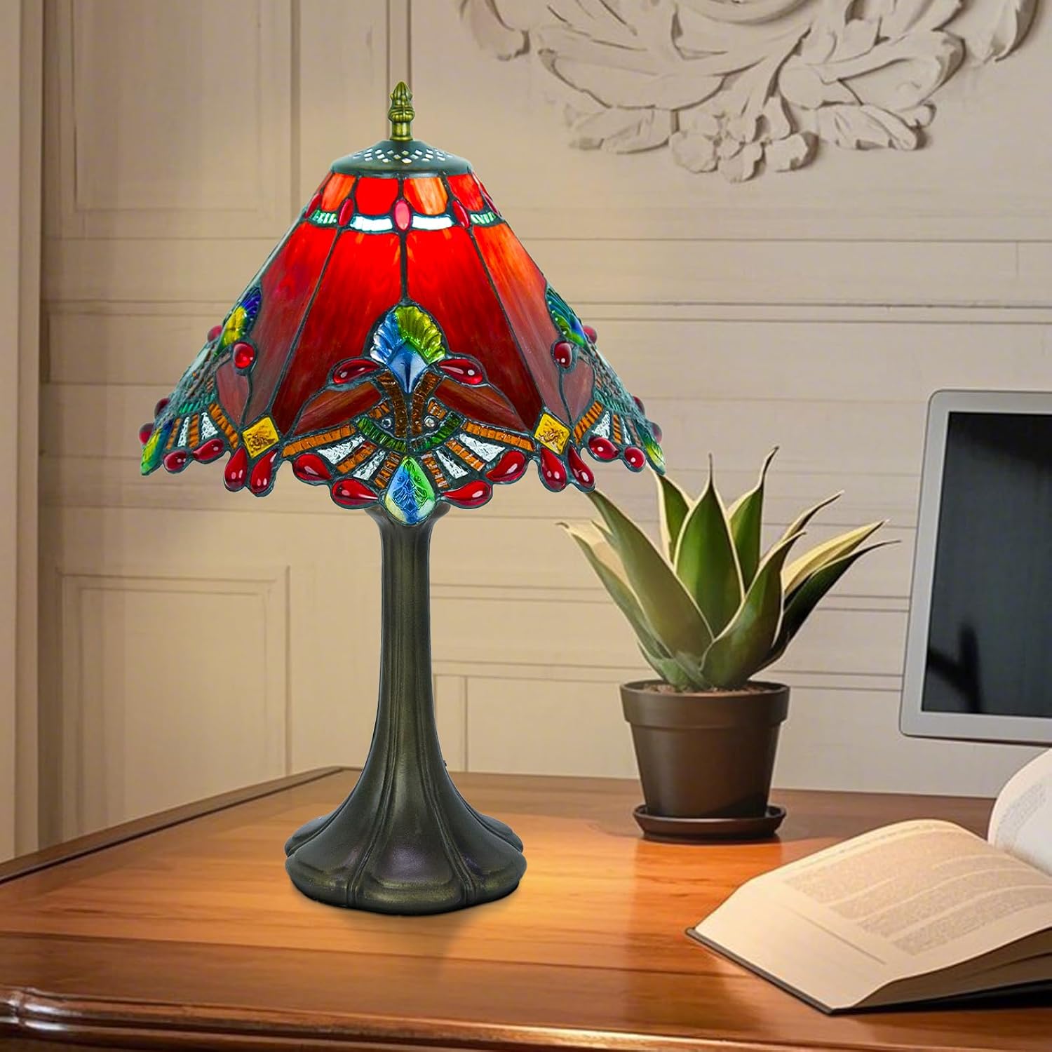 JHuiLap 12 Inch Tiffany Style Table Lamp, Baroque Stained Glass Lamp with Remote Control, Stepless Dimmable & 3 Color Temperatures, Desk Lamps for Bedroom Farmhouse Bedside Nightstand Bedside (Red)