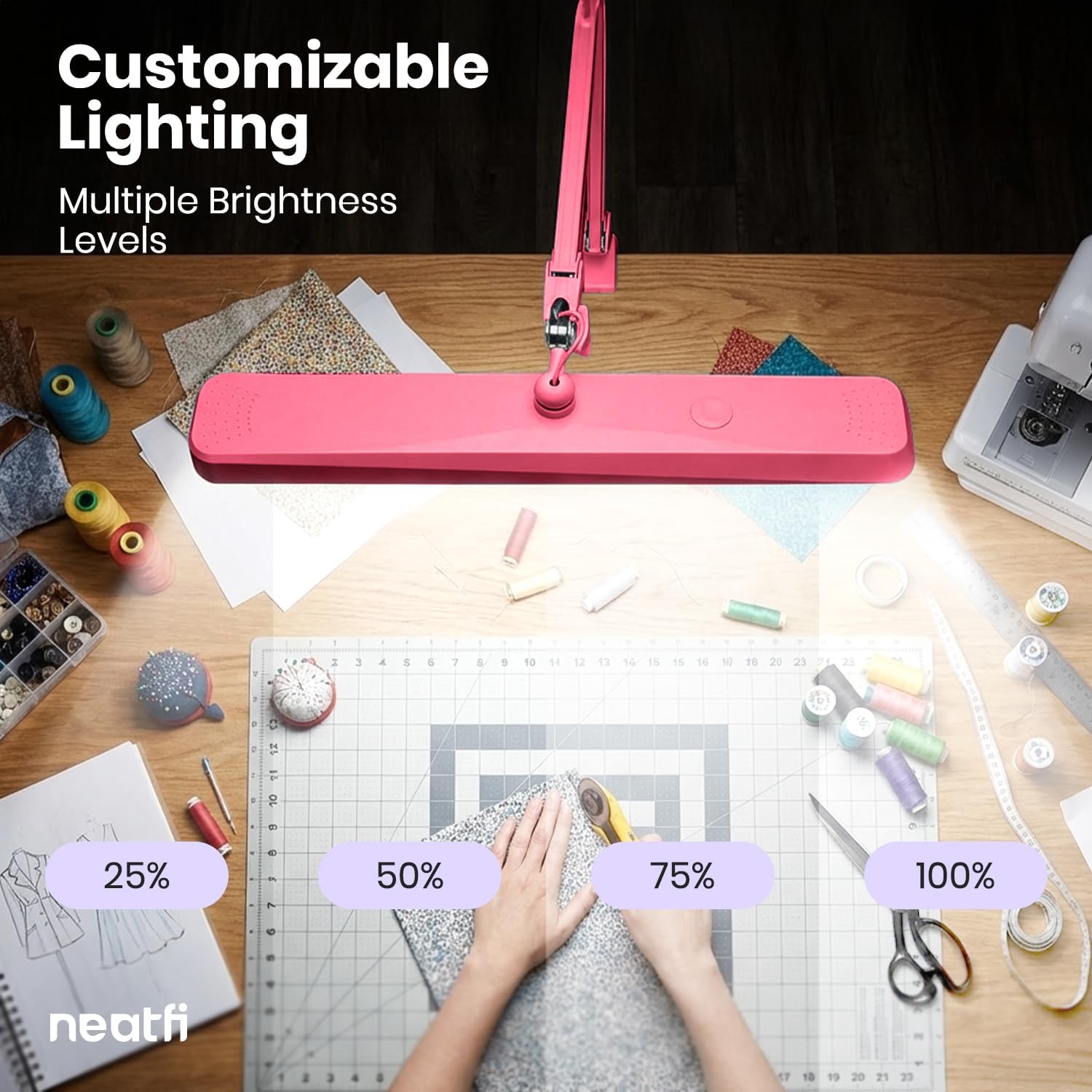 Neatfi XL 2,500 Lumens 30W LED Task Lamp for Manicure Table, Crafts, Workbench, Office – 22' Wide Shade Desk Light | Eye-Caring 6500K | 4-Level Brightness (Pink, Non-CCT with Clamp)