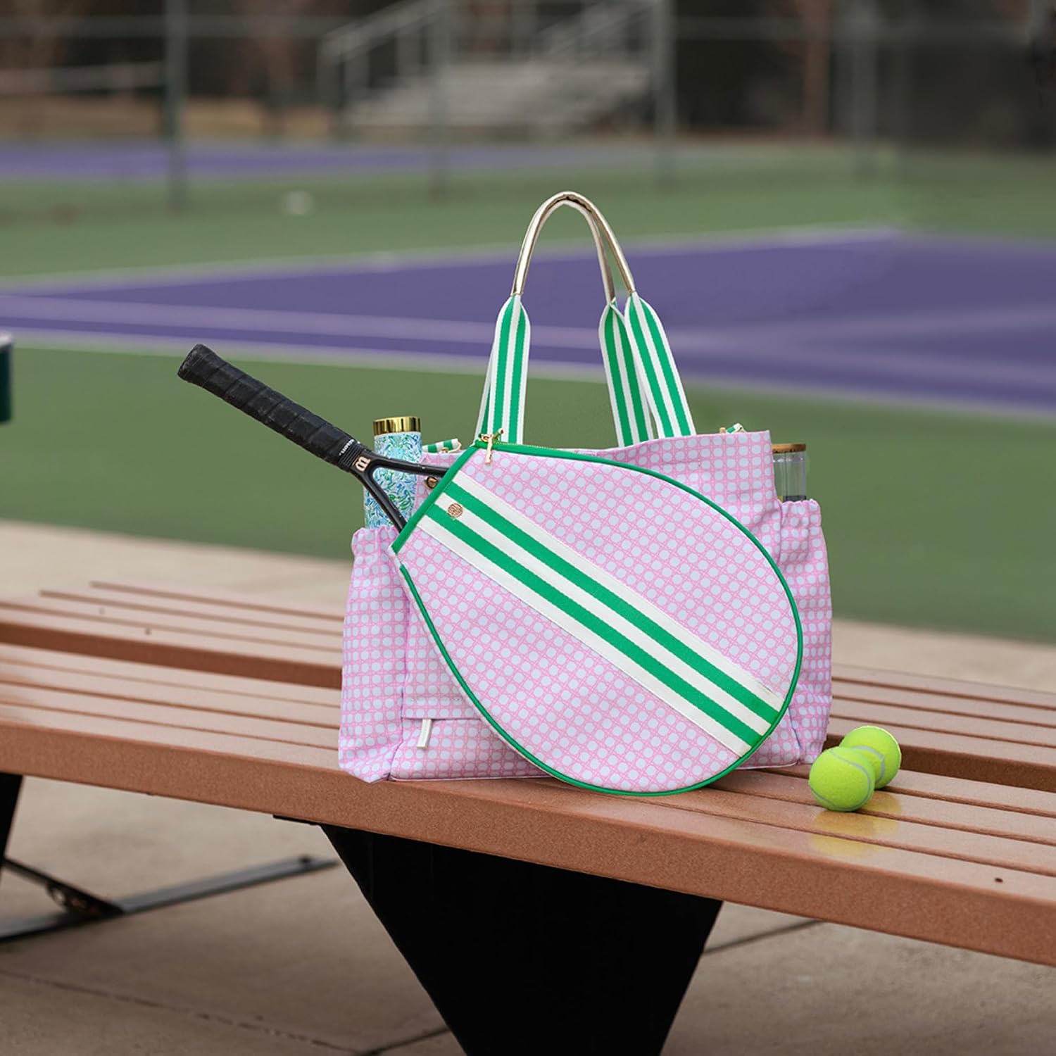 Lilly Pulitzer Tennis Tote Bag with Removable Shoulder Strap, Large Tennis Shoulder Bag for Tennis Racket, Pickleball, Racket Sports, Travel Bag, Pink Caning