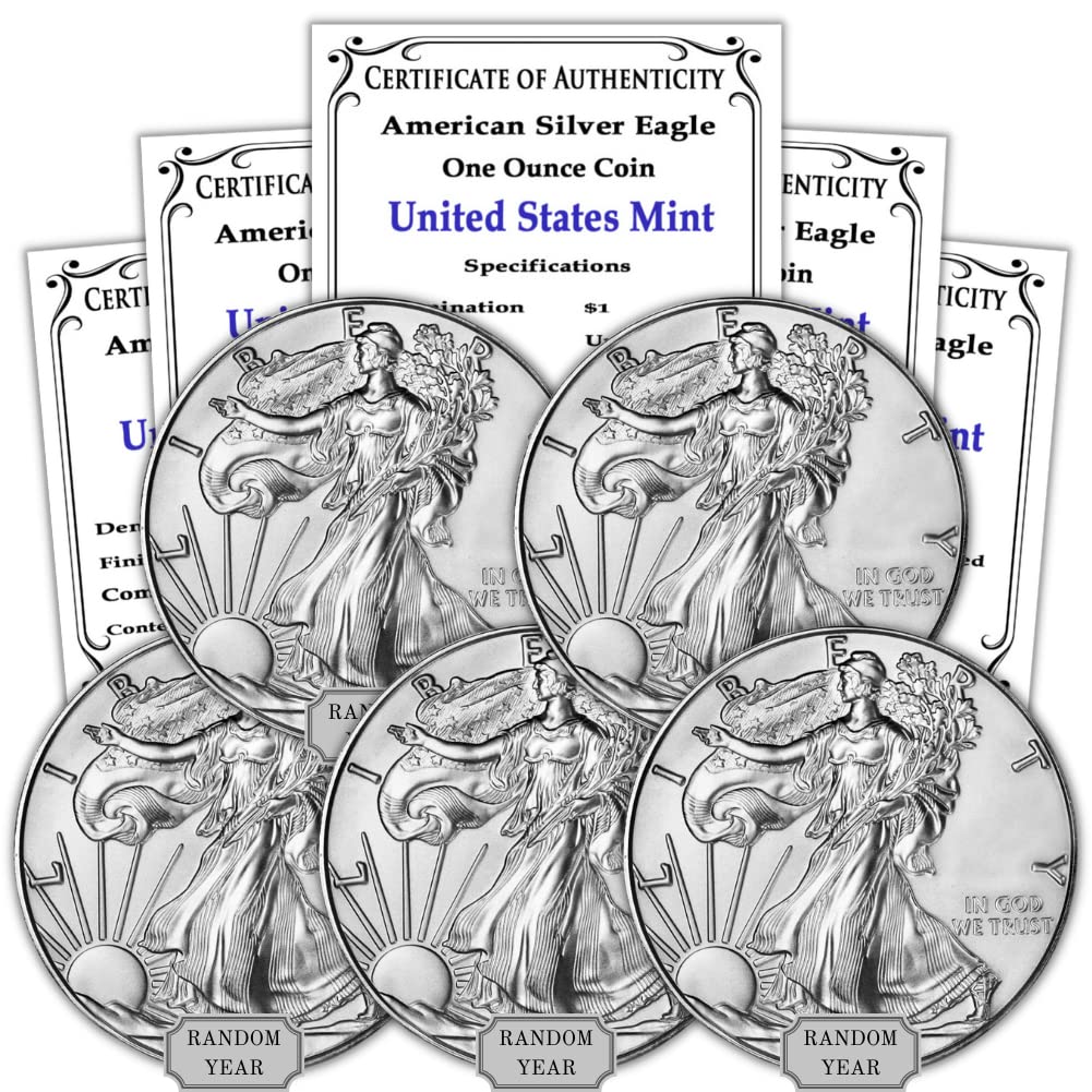 1986 - Present (Random Year) Lot of (5) 1 oz Silver American Eagle Coins Brilliant Uncirculated (Type 1 or 2) with Certificates of Authenticity $1 Seller BU