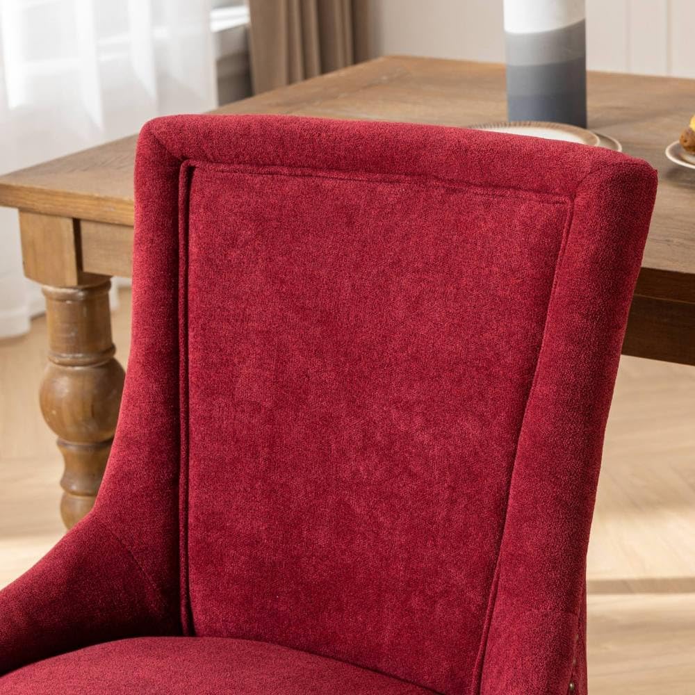 Dining Chairs Set of 2, Thickened Fabric Upholstered Chair with Neutral Solid Wood Legs & Bronze Nailhead Trim, Comfortable Accent Chairs for Dining Room/Kitchen/Living Space(Burgundy + Fabric)