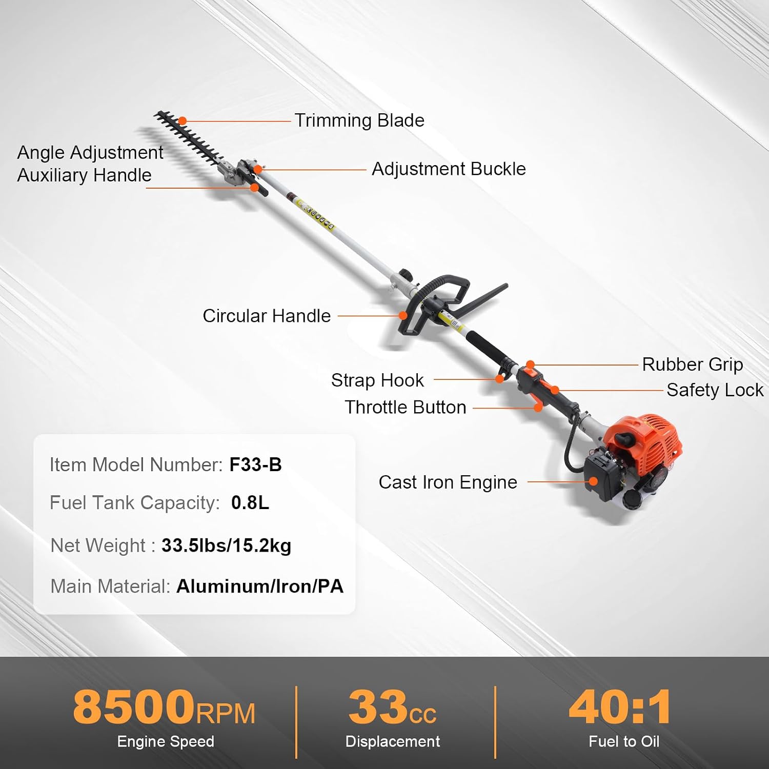 VEVOR 33CC 5-in-1 Multi-Functional Trimming Tools, Gas Hedge Trimmer, Weed Eater, String Trimmer, Brush Cutter, Edger, Pole Saw Chainsaw Pruner with Extension Pole