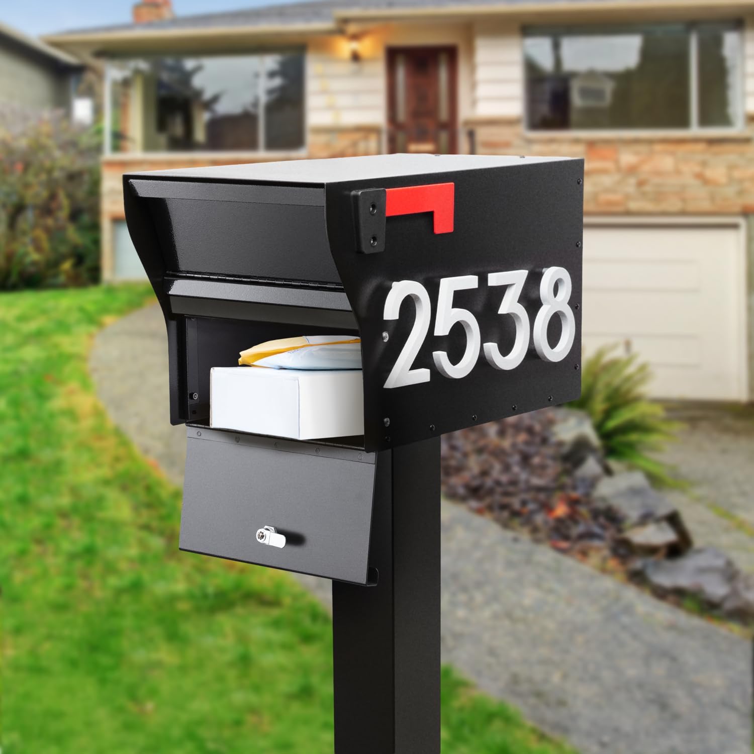 Whitehall MailVault Streetside Locking Mailbox with Standard Post and Personalizable Stand-Off Numbers – Steel, Secure Weather Resistant Modern Square Mailbox & Post (Black/White)