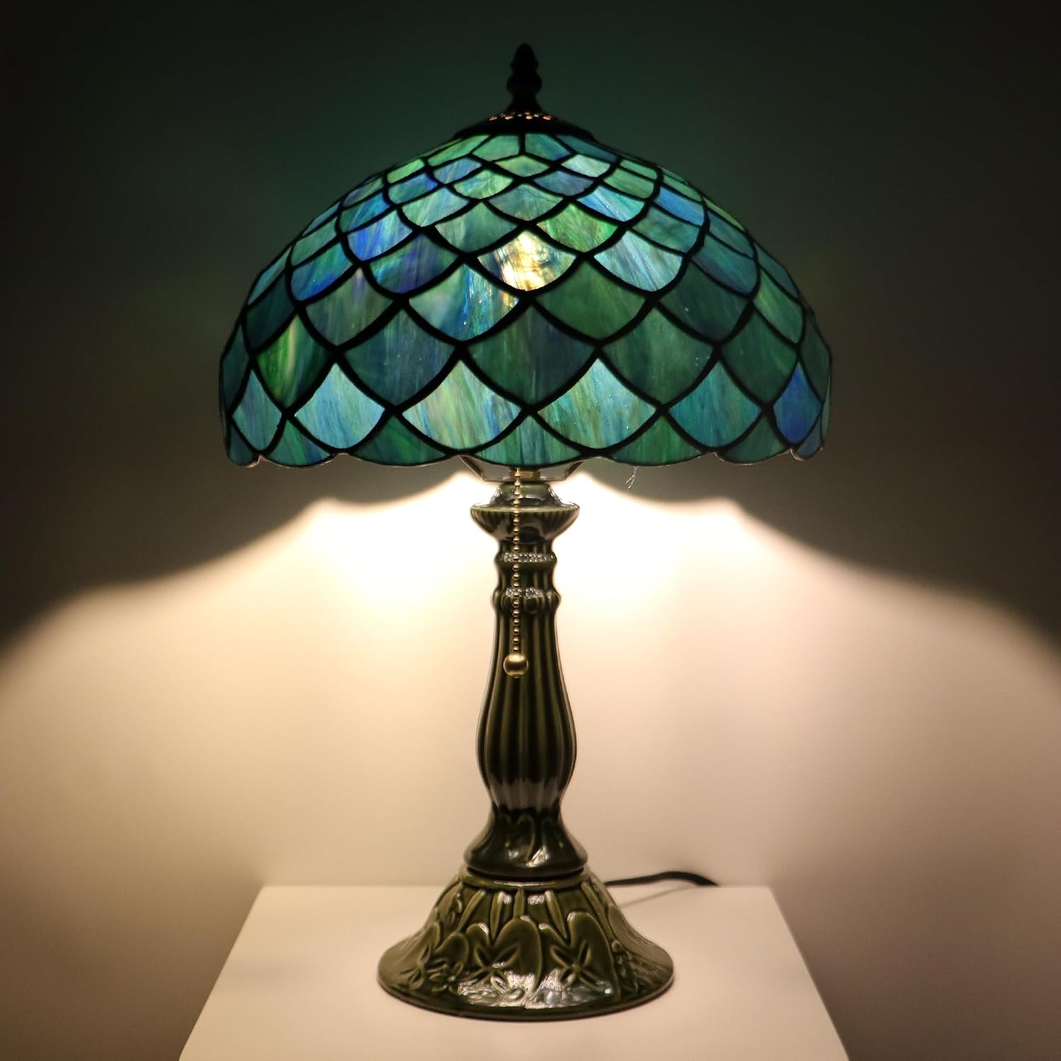Tiffany Lamp Stained Glass Table Lamps Sea Blue Fish Scales Style Desk Lamp12X12X18.5 Inch Bronze Ceramic Base Reading Light Suitable for Bedside Bedroom Living Room Dining Room Office
