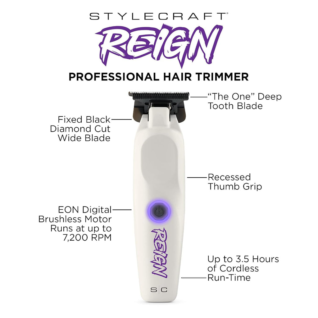 Stylecraft Reign Professional Hair Clipper, Hair Trimmer with Brushless Motor, USB-C Rechargeable, Designed by Barbers for Precision Beard and Hair Grooming